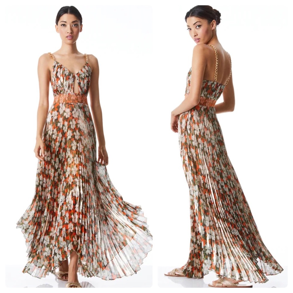 ALICE + OLIVIA Gloria Chain Strap Pleated Maxi Dress